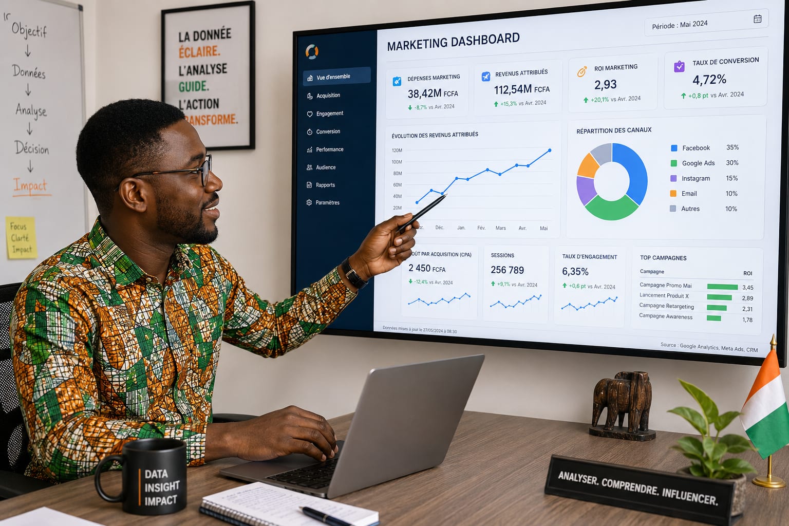 Analyste marketing B2B à Abidjan devant ses tableaux de bord