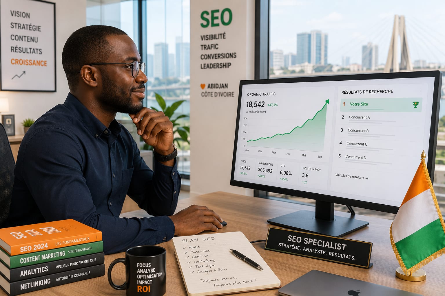 Professionnel à Abidjan analysant ses performances SEO